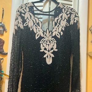 Black and white beaded evening dress